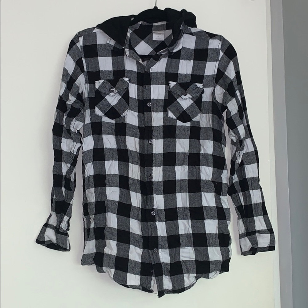 Button flannel with attached hoodie